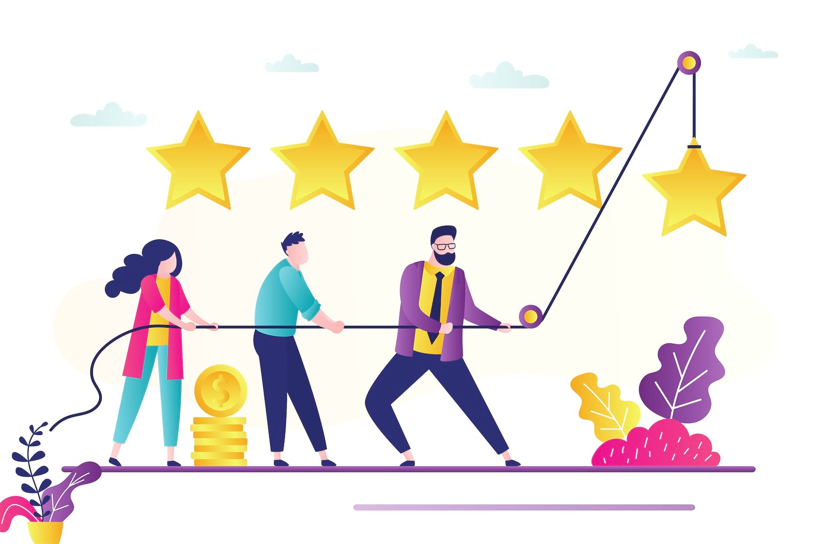 An illustration of three people loading the 5th star for a 5-star review 